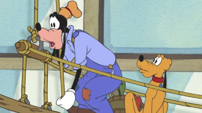 Goofy and Pluto suspended scaffolding