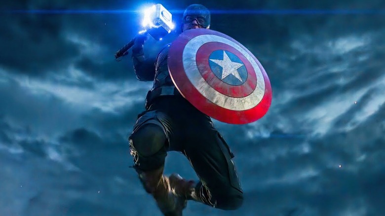 Cap leaps through the air with a lightning-crowned Mjolnir