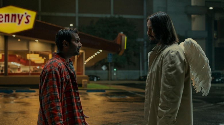 Arj and Gabriel in a Denny's parking lot in Good Fortune (2025)