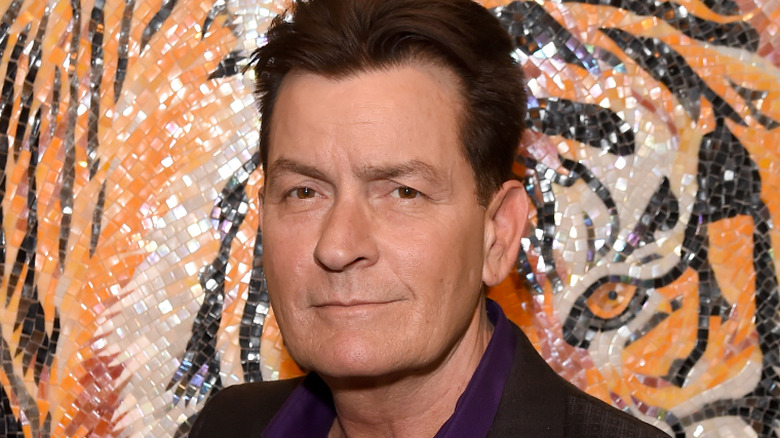 Sheen stands in front of a tiger mosaic