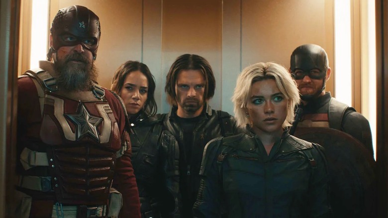 The Thunderbolts in an elevator in Thunderbolts* (2025)