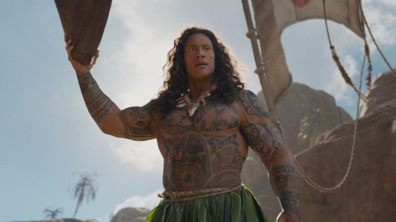 Maui lifting a boat in the live-action "Moana"