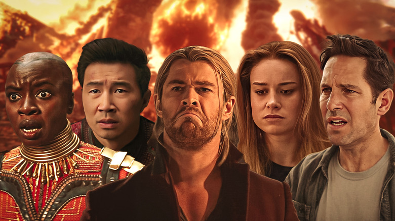 Okoye, Shang-Chi, Thor, Carol Danvers, and Scott Lang looking disappointed