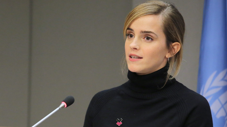 Emma Watson addressing the United Nations from a podium