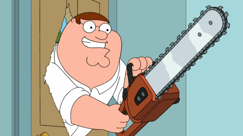 Peter entering door with chainsaw