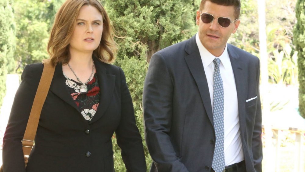 Emily Deschanel as Dr. Brennan and David Boreanaz as Seeley Booth on Fox's Bones