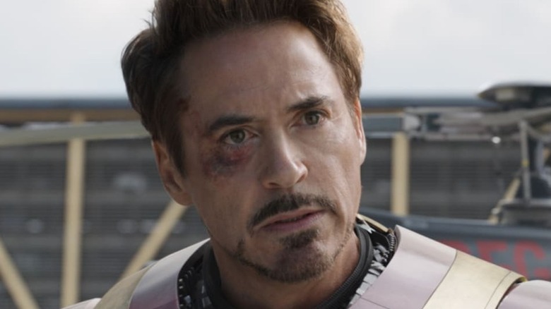 Tony Stark staring confused bruised eye