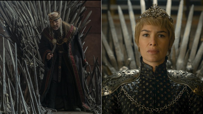 Viserys on throne and Cersei on throne