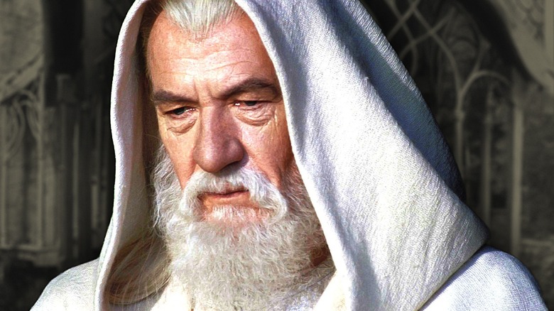 Close up of Gandalf with a white hood on