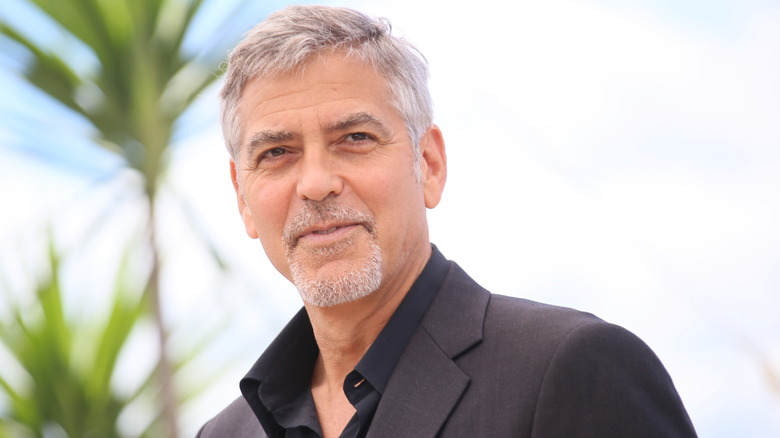 Clooney next to palm tree