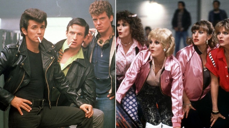 Male cast of Grease 2 posing in locker room / female cast of Grease 2 in pink jackets