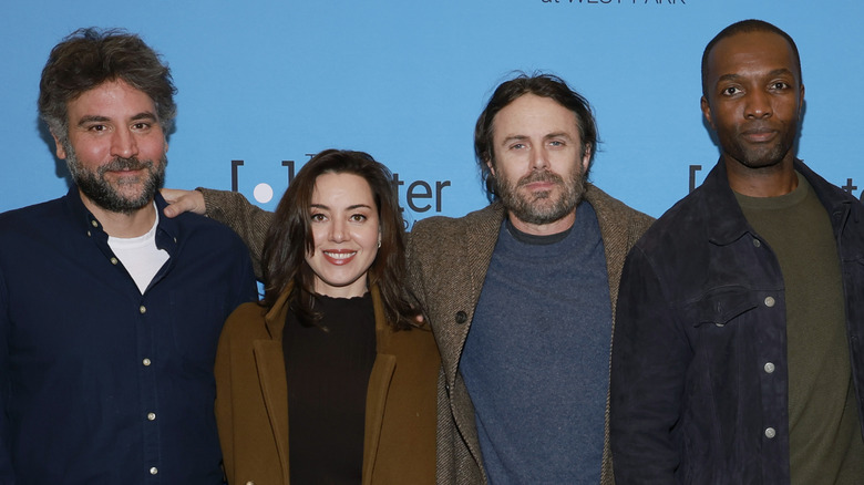 Josh Radnor, Casey Affleck, Jamie Hector, and Aubrey Plaza pose at a benefit production of Kenneth Lonergan's play "Lobby Hero"