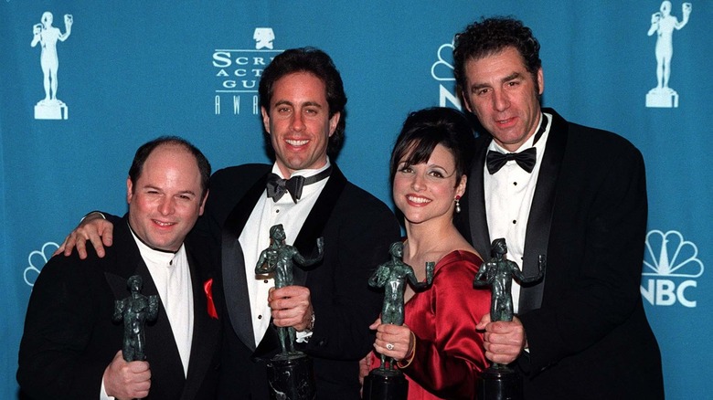 The cast of "Seinfeld" (l to r): Jason Alexander, Jerry Seinfeld, Julia-Louis Dreyfus, and Michael Richards
