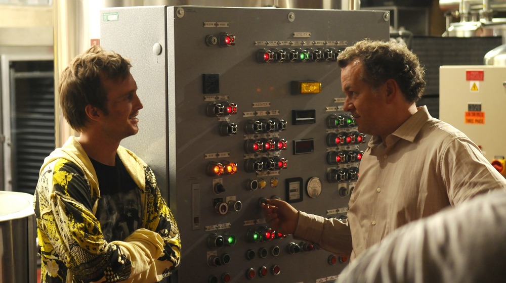Aaron Paul and David Constabile on the lab set of Breaking Bad