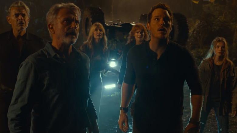 Ian Malcolm, Alan Grant, Ellie Sattler, Claire Dearing, Owen Grady, and Maisie Lockwood looking scared 