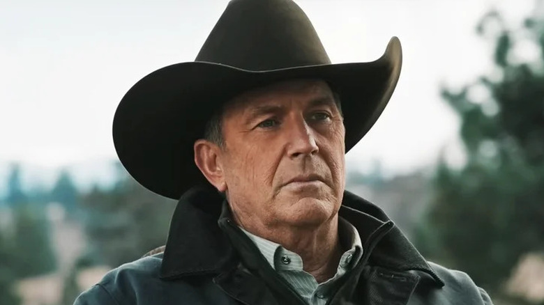 John Dutton looking serious and wearing a dark cowboy hat on Yellowstone