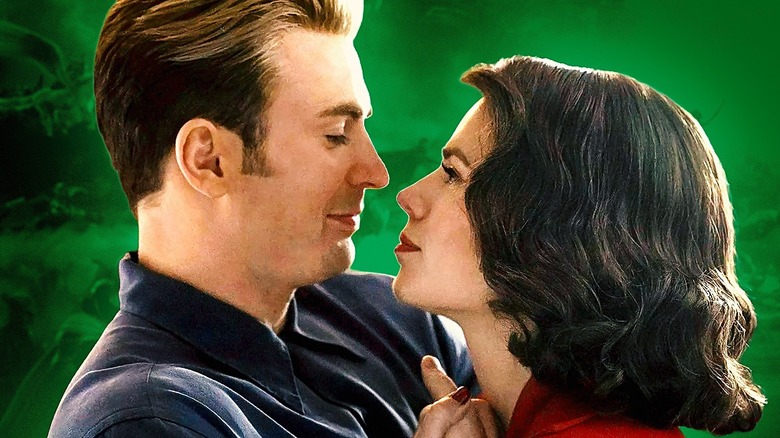 Steve Rogers and Peggy Carter dancing against a green energy backdrop