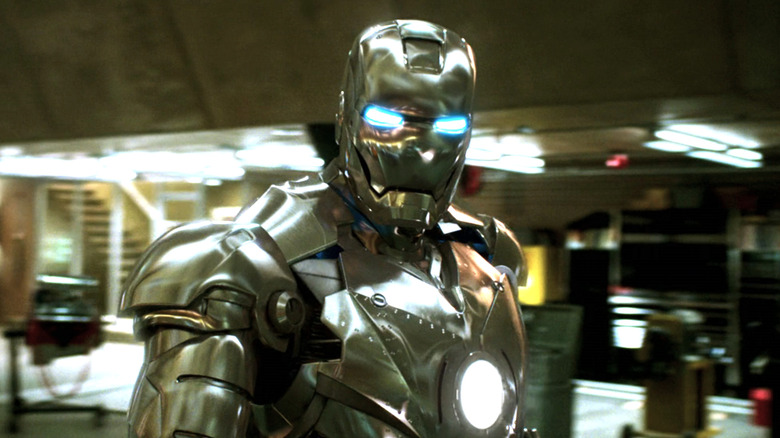 Iron Man prototype with eyes glowing blue