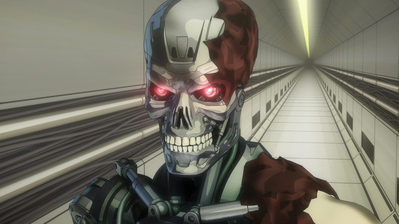 A Terminator with glowing red eyes stands in a long corridor in 