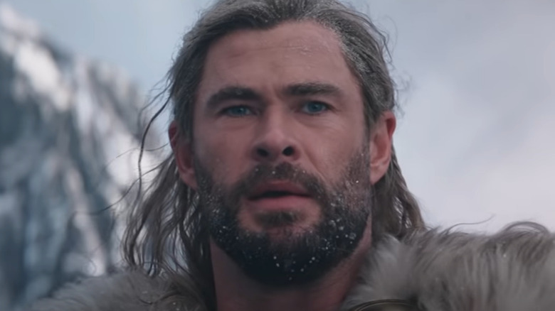 Chris Hemsworth gets snow in his beard as Thor in Thor Love and Thunder
