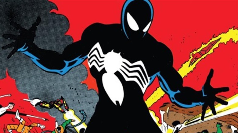 Spider-Man checking out his new black suit in Secret Wars