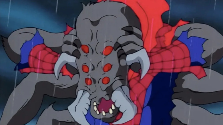 Man-Spider clutching his head in Spider-Man: The Animated Series