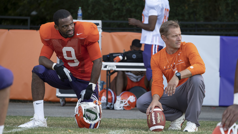 Jay Reeves as Ray Ray and James Badge Dale as Coach Simmons in Safety, exclusively on Disney+.