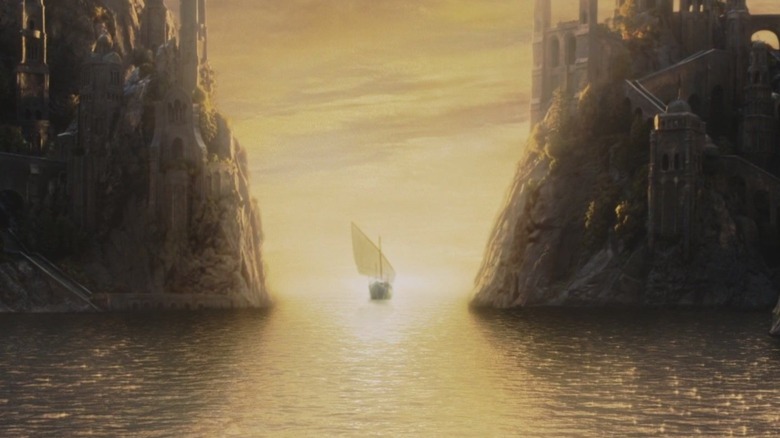 An elven ship leaves the Grey Havens into the sunset in The Return of the King