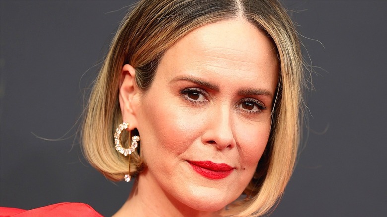 Sarah Paulson wearing diamond hoops