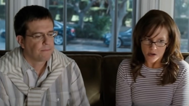 Ed Helms and Rachel Harris arguing
