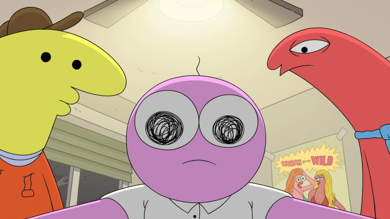 Charlie, Pim, and Alan look downward in "Smiling Friends"