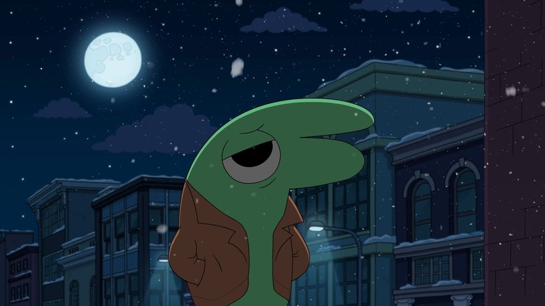 Glep walks down the street in the snow in "Smiling Friends"