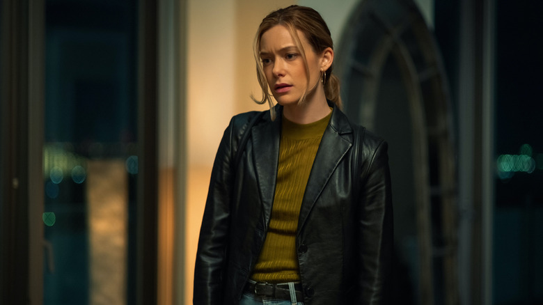 Samantha wearing a leather jacket