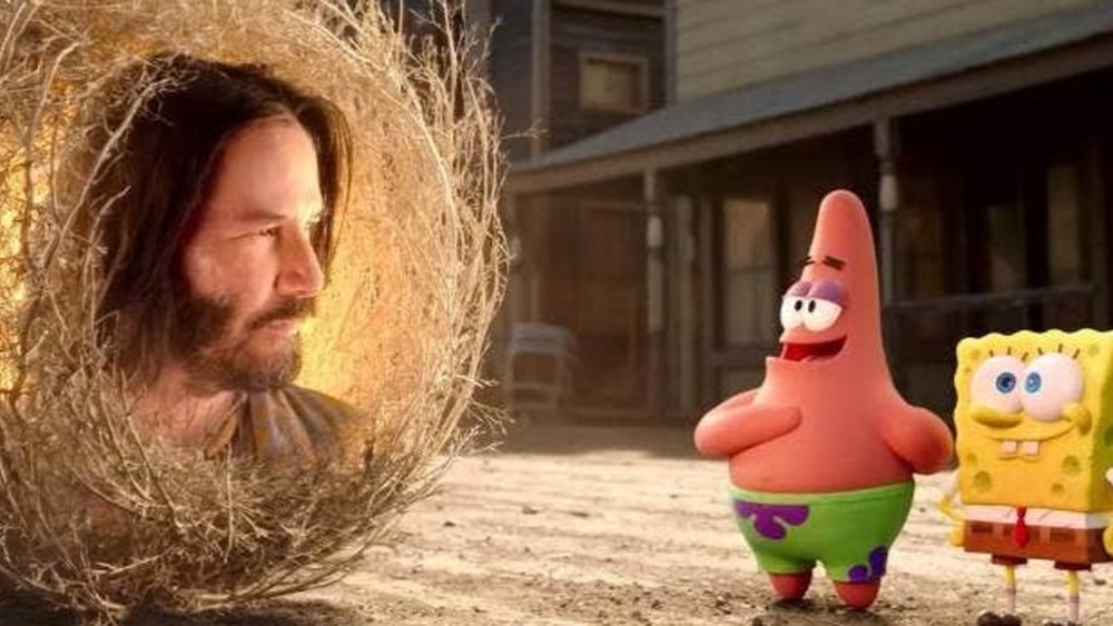 Bill Fagerbakke as Patrick Star, Keanu Reeves as Sage, and Tom Kenny as SpongeBob SquarePants in The Spongebob Movie: Sponge on the Run