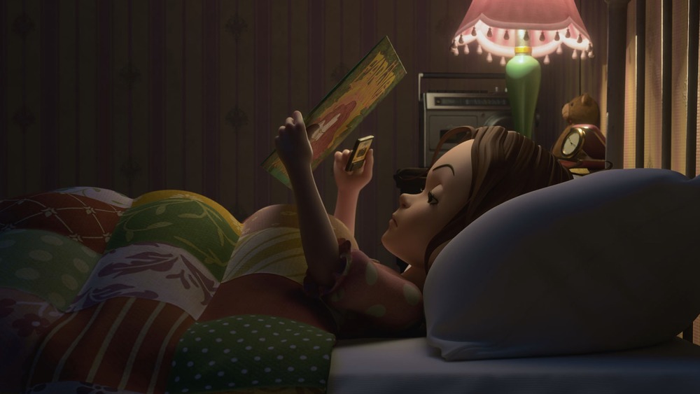 Earwig and the Witch scene in her bedroom looking at cassette tape