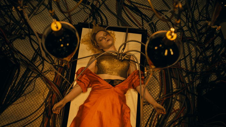 The Bride laying on the doctor's table waiting to be brought back to life in The Bride!