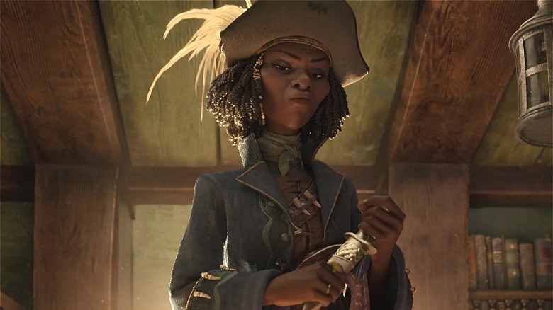 Sarah Sharpe in ship cabin holding a knife