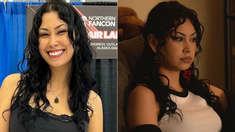 Blair Lamora smiling at Northern FanCon in 2025 and Zigg frowning while sitting on a couch in "Shoresy."