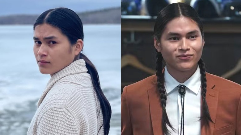Harlan Blayne Kytwayhat smiling in front of a body of water and Sanguinet smiling while wearing a suit in "Shoresy."