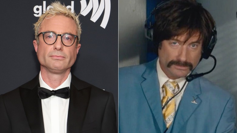 Jacob Tierney at the GLAAD Media Awards Beverly Hills, California in 2026 and Benny smiling while wearing a headset in "Shoresy."