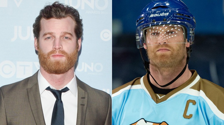 Jared Keeso at the 2015 Juno Awards in Hamilton, Canada and Shoresy frowning in his hockey uniform in "Shoresy."