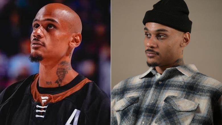 Jonathan-Ismaël Diaby wearing a hockey jersey and Dolo frowning while wearing a beanie in "Shoresy."