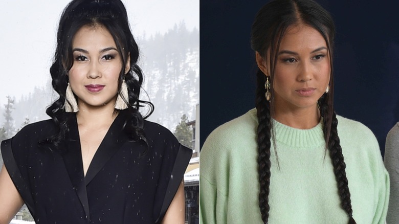 Keilani Elizabeth Rose smiling at 3rd Annual Mammoth Film Festival in Mammoth Lakes, California in 2020 and Miig frowning in "Shoresy."