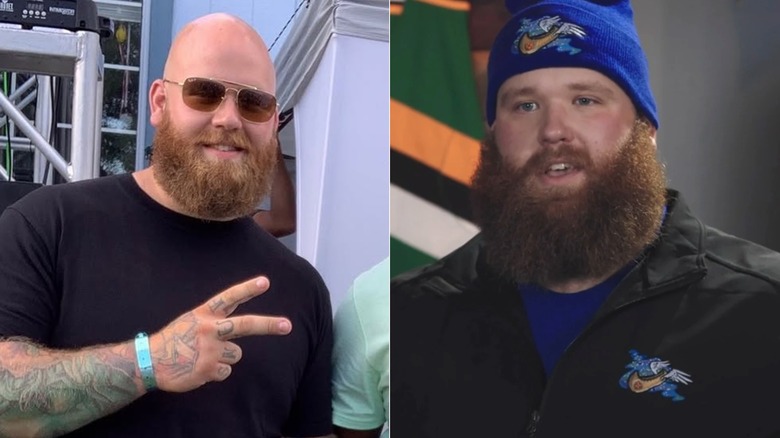 Max Bouffard smiling and throwing a peace sign and JJ Frankie JJ smiling in "Shoresy."