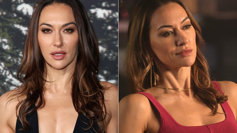 Tasya Teles smiling at the premiere of Netflix's "Train Dreams" Los Angeles, California in 2025 and Nat smiling in "Shoresy."