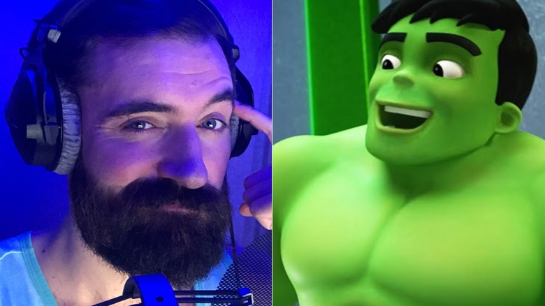 Armen Taylor touches his forehead in a recording booth; the Hulk reacts happily