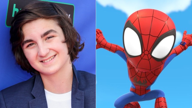 Benjamin Valic smiles at a 2022 Disney Jr. premiere; Spidey is aloft against a bright sky