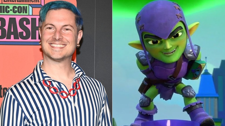 J.P. Karliak smiles at the 2024 Comic-Con Bash; the Green Goblin grins as he flies on his glider