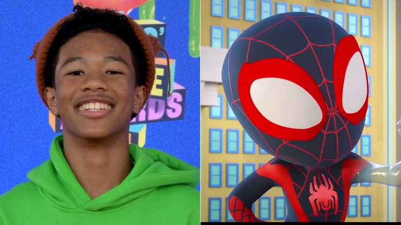 Jakari Fraser smiles at the 2024 Nickelodeon Kids' Choice Awards; Miles Morales raises his arm