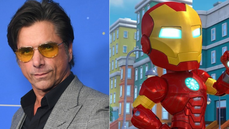 John Stamos reacts at a Scleroderma Research Foundation Event in Fairmont Century Plaza in 2024; Iron Man raises a fist